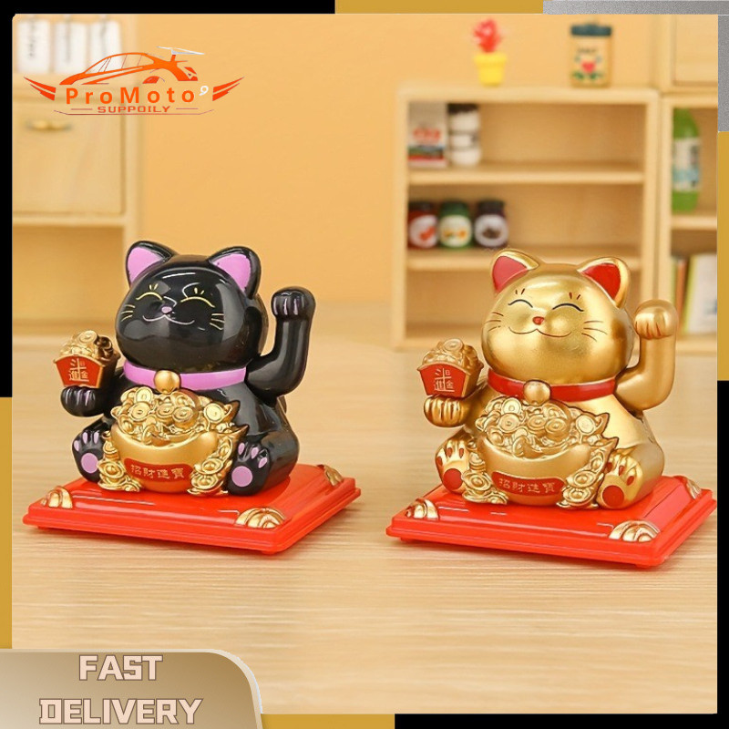 Patung Kucing Hoki Lucky Cat Bergerak Solar 2.5in Dashboard Ornamen Mobil Hoki Keberuntungan