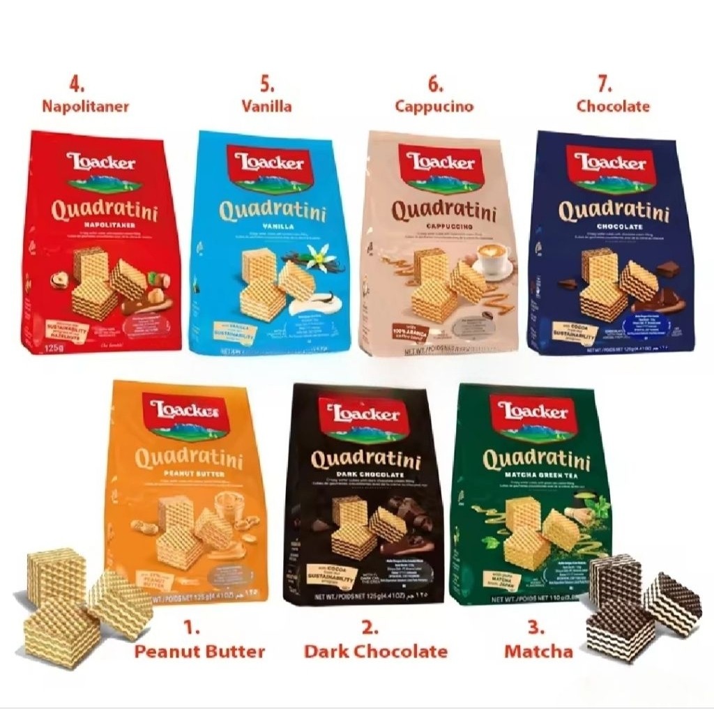 Loacker Quadratini Wafer Biscuit Napolitaner Vanilla Dark Chocolate Matcha 125g