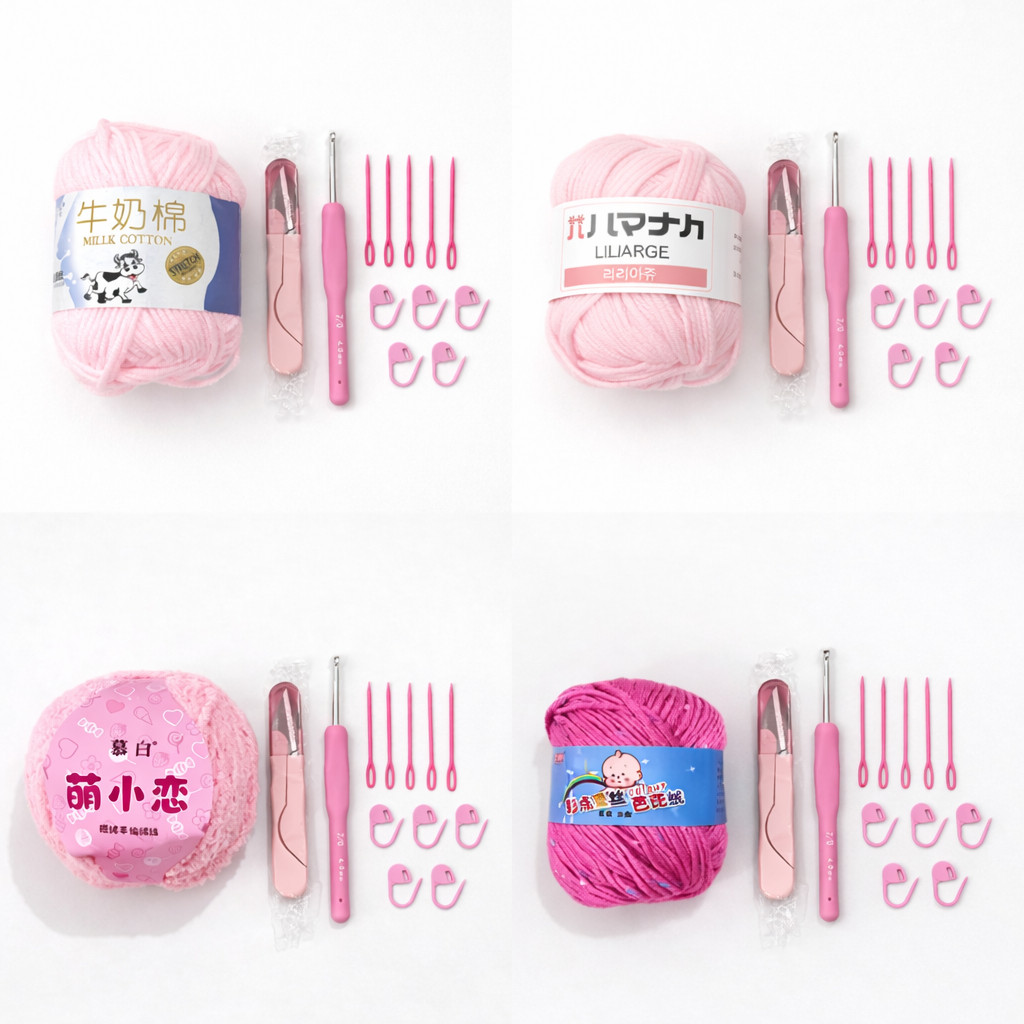 Paket Starter Kit Crochet Benang dan Peralatan Rajut Pink Series