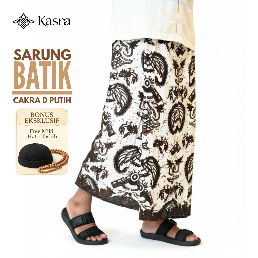KASRA Sarung Batik Motif Cakra D Putih Premium Pria Dewasa | Katun Tebal Adem Nyaman Sholat