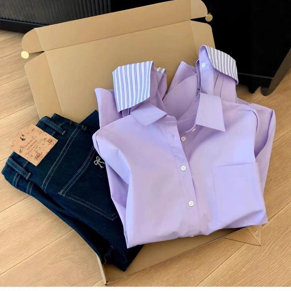 Jaket kemeja gaya Prancis baru dengan lengan panjang.