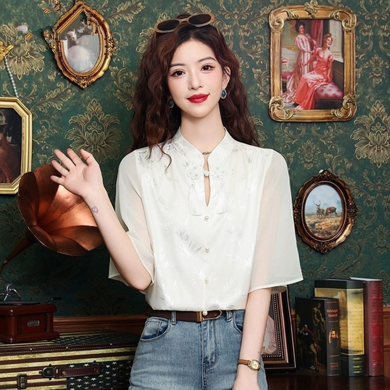 [Bulan Lembut] [COD] Blus sifon lengan pendek kerah berdiri satin gaya Cina baru untuk wanita.
