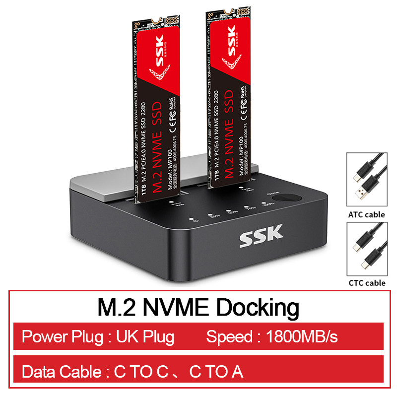 SSK NVMe SSD Cloner Dual-Bay M.2 NVME SSD Enclosure Tool-Free Type-C 20Gbps Hdd Docking Station Supp
