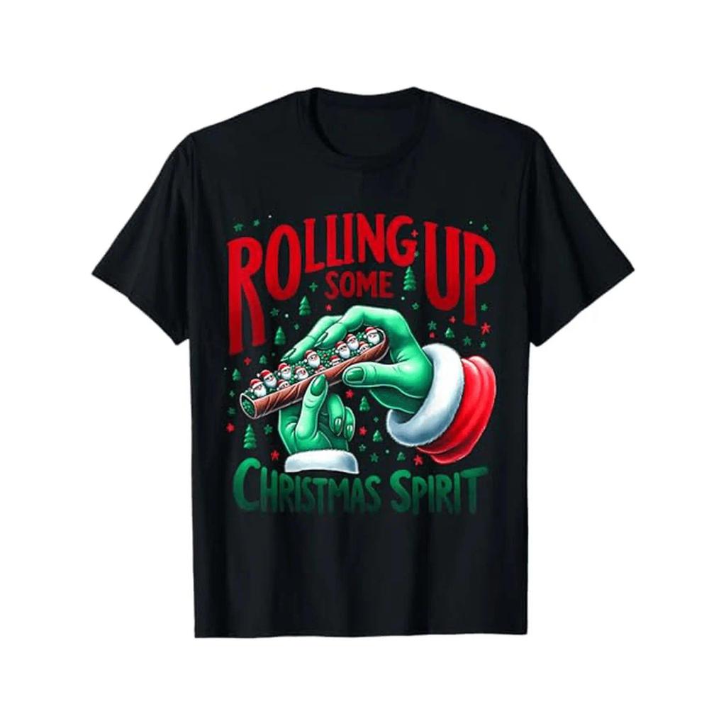 Kaos Natal Katun 100% Pria dengan Rolling Papers & Desain Daun - Slogan "Rolling Up Semangat Natal,"