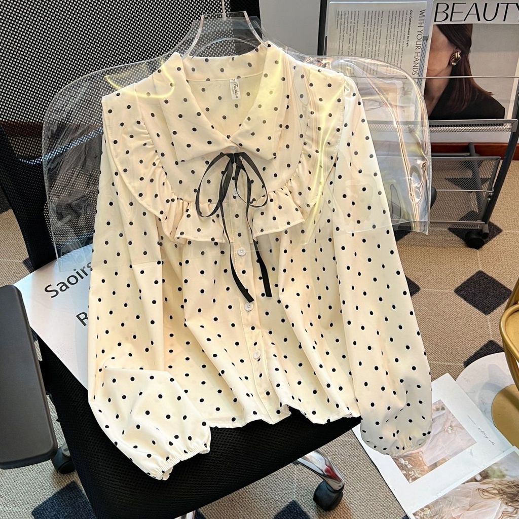 Baru Lotus Leaf Polka Dot Shirt Butterfly Long Sleeve Top