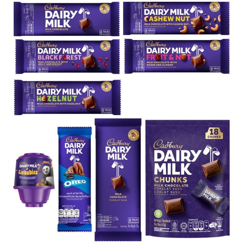 Cadbury Dairy Milk Aneka coklat milk cashew nut fruit lickables black forest hazelnut oreo besar kec