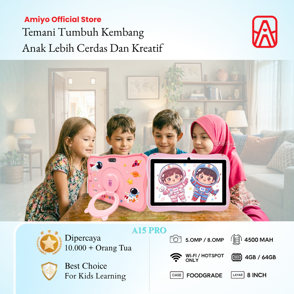 AMIYO Tablet Edukasi Anak A15Pro 4/64GB 2Camera Wifi/Hotspot Only 8 inchi IPS Screen Tablet Anak