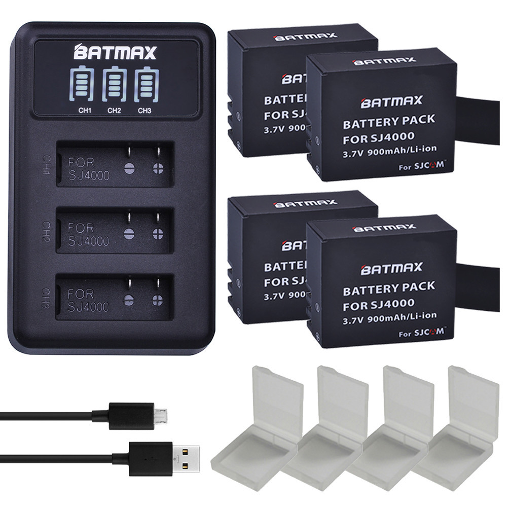 Batmax 4Pcs New SJCAM SJ4000 Battery+LED 3 Port USB Charger for SJ4000 SJ5000 SJ6000 SJ7000 SJ8000 S