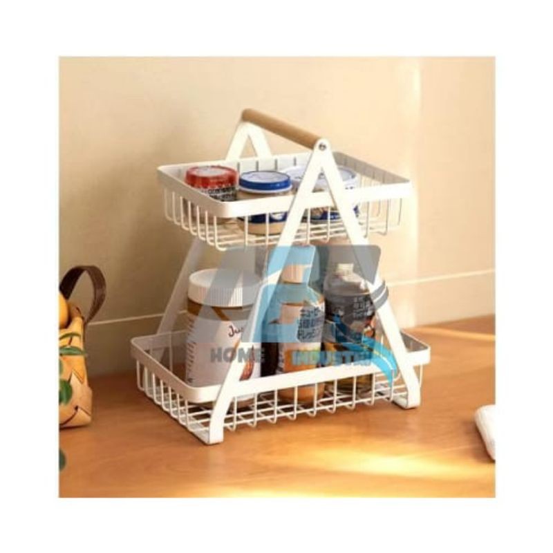 Kranjang Rak Dapur Rak Buah Besi Rak Dapur Besi Kayu Serbaguna 2 Susun Bawang Buah Estetik