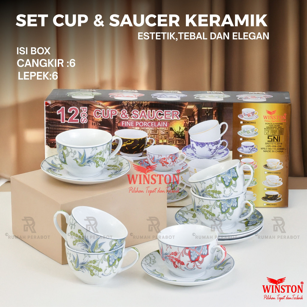 WINSTON Cangkir Keramik Lepek Motif Cendrawasih | Motif Awet Tidak Pudar | SNI BPA Free | Gift Box