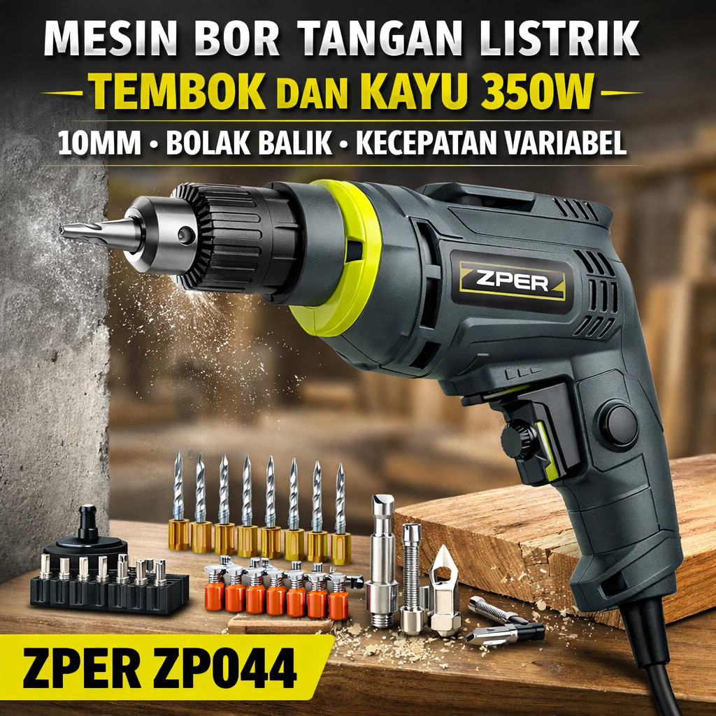 Mesin Bor Tangan Listrik Tembok & Kayu 350W — 10mm, Bolak Balik Kecepatan Variabel | ZPER ZP044