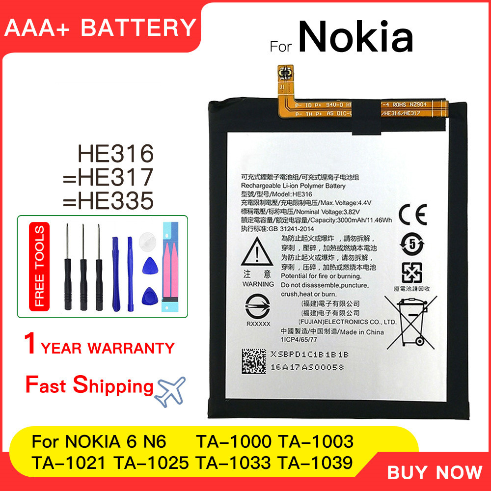 Genuine HE316 HE317 HE335 Batteries For NOKIA 6 N6 TA-1000 TA-1003  TA-1021 TA-1025 TA-1033 TA-1039 