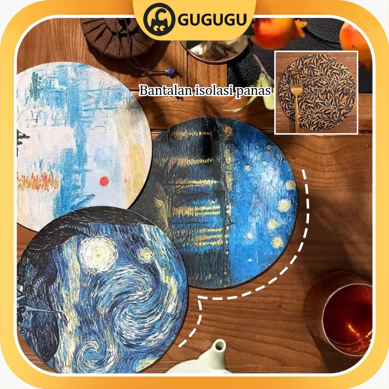 COD Keset Meja Anti Panas Motif Bunga Matahari Van Gogh - Alas Gelas Bulat Anti Slip Tahan Air