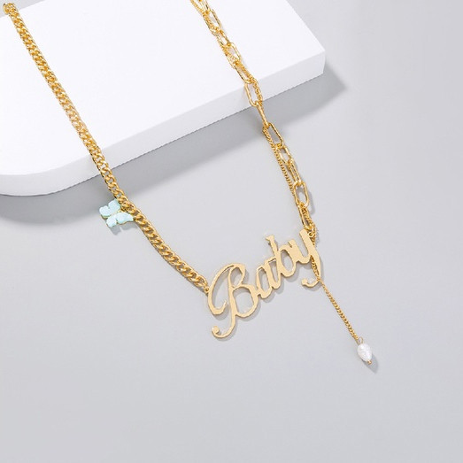Kalung Huruf Emas Berlapis untuk Bayi – Kalung Fashion dengan Huruf A-Z, Mutiara Imitasi, Kupu-Kupu,
