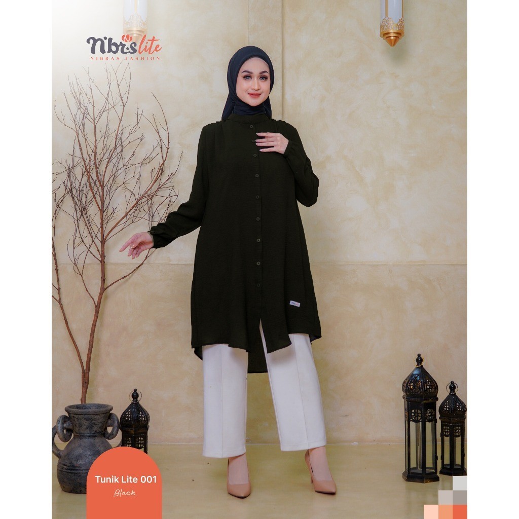 NBRS Tunik Lite 001 Atasan Wanita Polos Hitam Bahan Crinkle Airflow Premium Baju Muslim Nibras