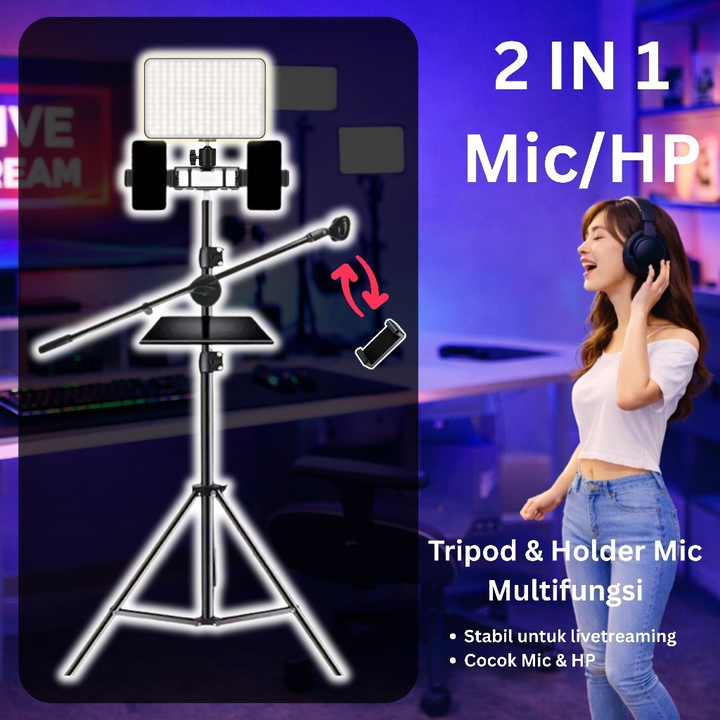 Paket Overhead Tripod 2.1 Meter Paket Lengkap Lampu Tray | Holder HP Mic | Live Streaming & Karaoke