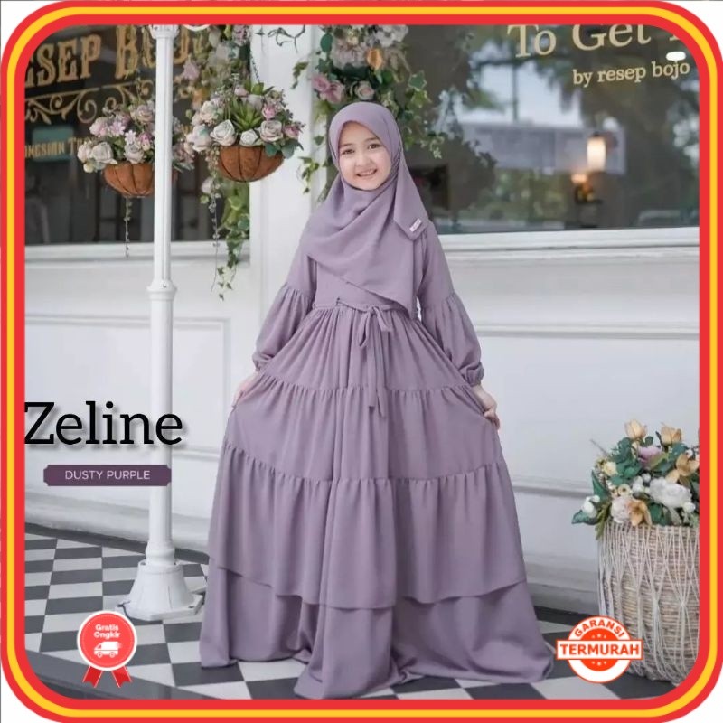 Gamis Anak Usia 7-14  Tahun Zeline Syari Kids Plus Pashmina Bahan Ceruty Babydoll Baju Muslim Anak/ 