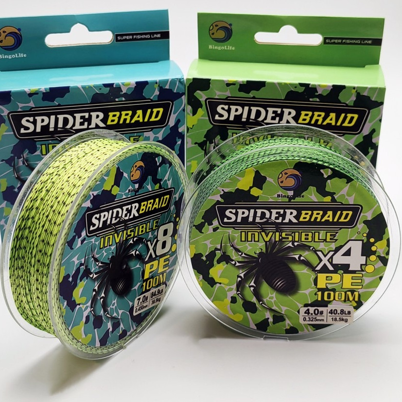 Bingolife Tali Pancing PE Braided X4 X8 Spider 100m Warna Hijau Biru Corak Kuat 6.8kg~45.9kg Untuk L