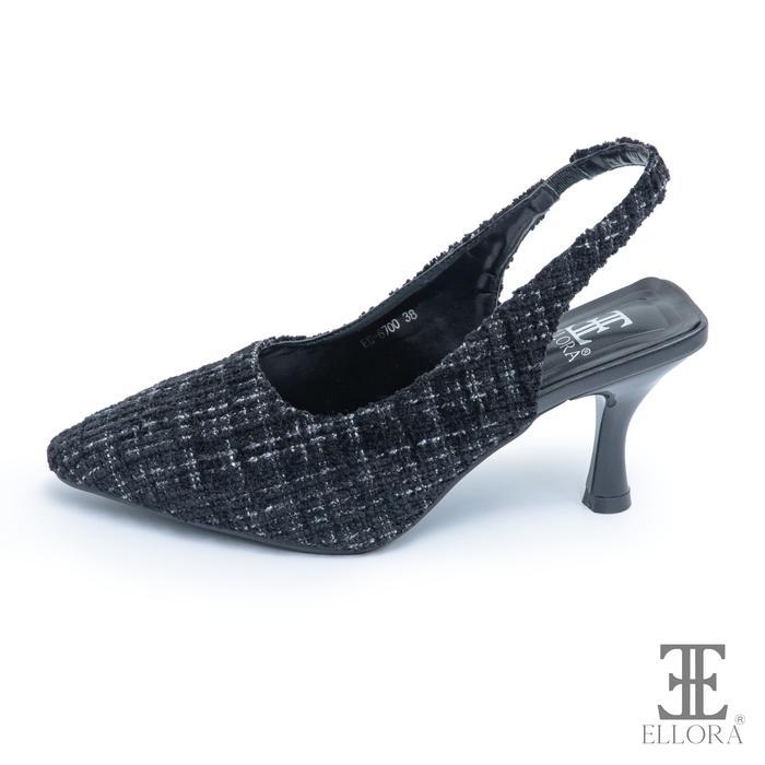 ELLORA EG-6700 Sepatu High Heels Wanita Slingback Import 8cm Bahan Tweed pansus tali belakang - Blac