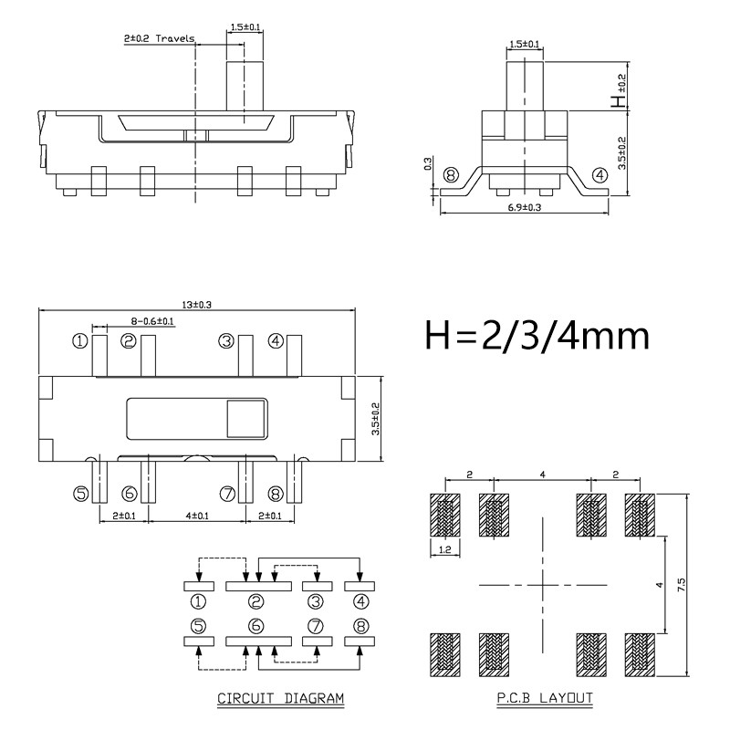 20PCS Mini Slide Switch 3Position 90° 8Pin SMT Micro Toggle Switch 2P3T 13x3.5mm H=2/3/4mm Slide Swi