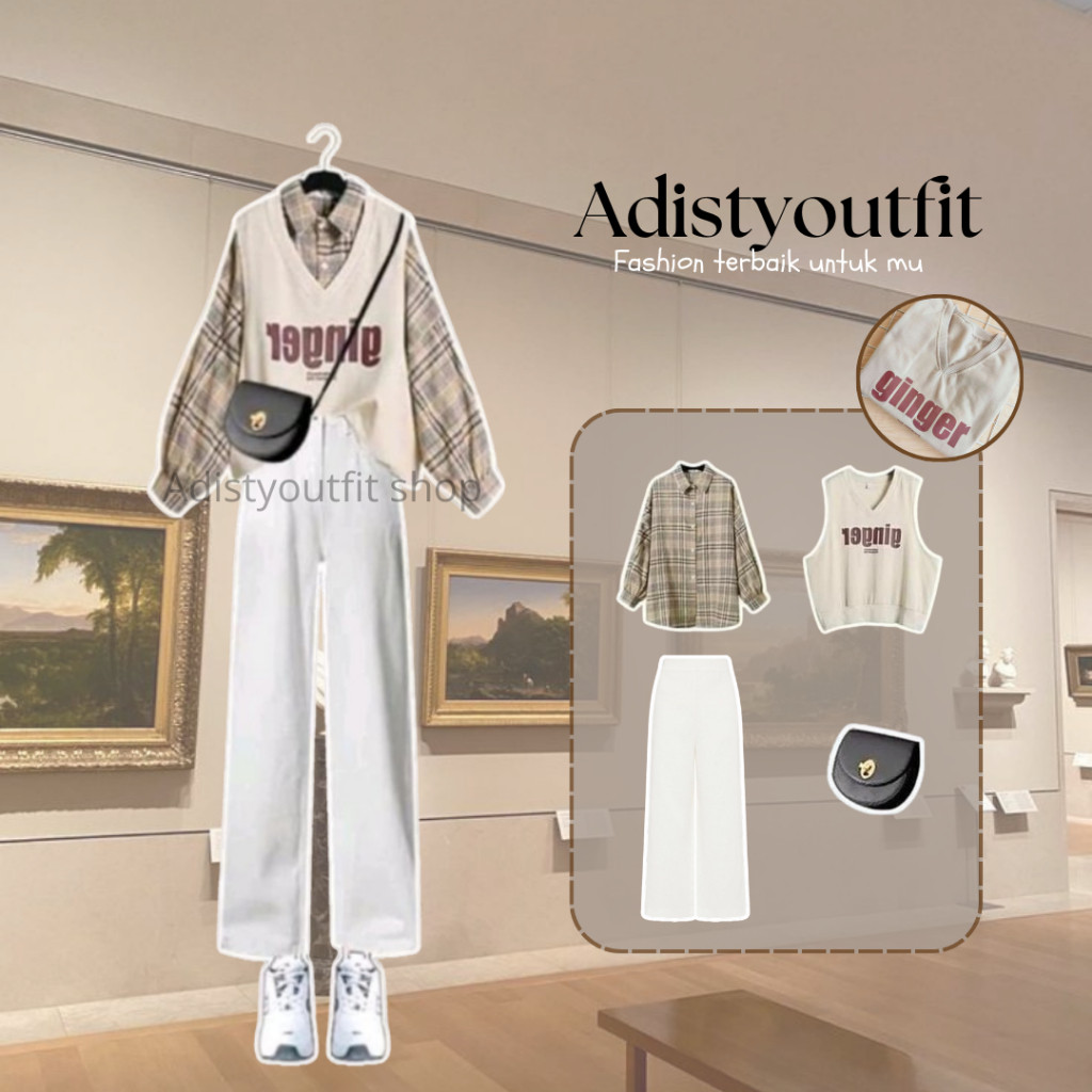 New One Set Outfit Korea wanita, outfit ulzzang, ootd Korea wanita, Korean style (kemeja vest cream 