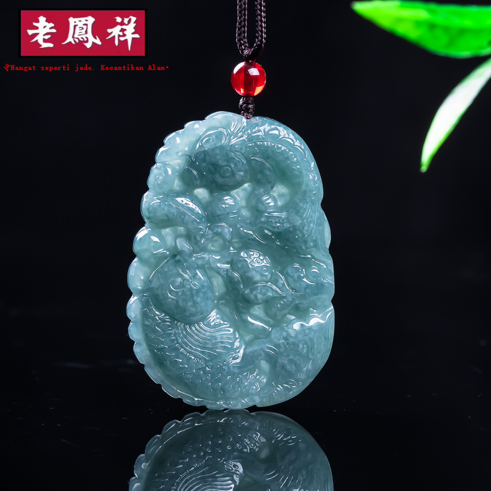 [Dengan Sertifikat]Natural A jadeite, air biru Pisces memiliki liontin ikan setiap tahun 50,8 * 35,5