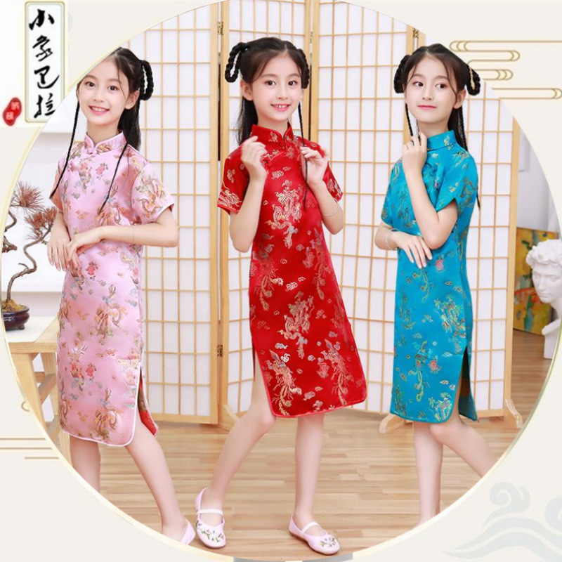 Girls Retro Dress Summer Fashionable Children's Chinese Style Cheongsam Dress