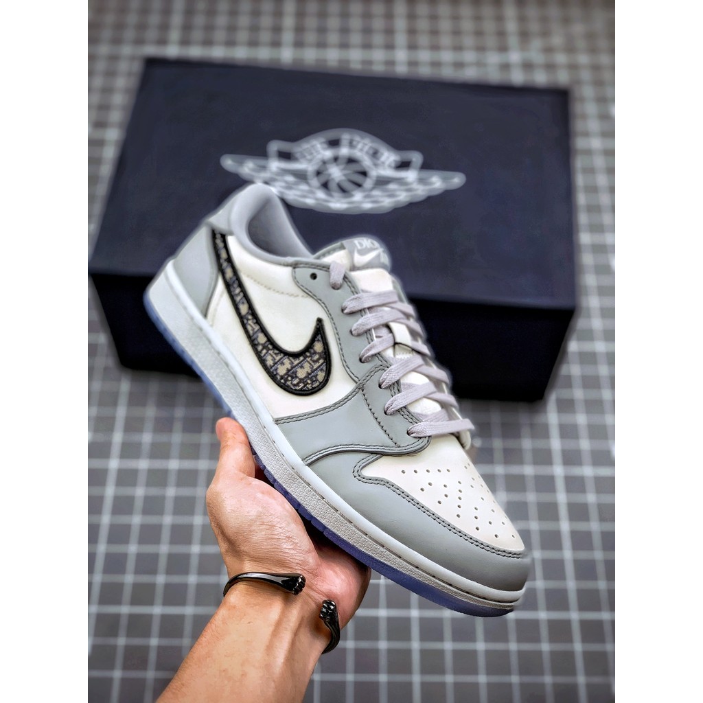 Dior X Air Jordan 1 Low Putih Abu Bahan Italia Asli Pure Original Sepatu Premium Pria