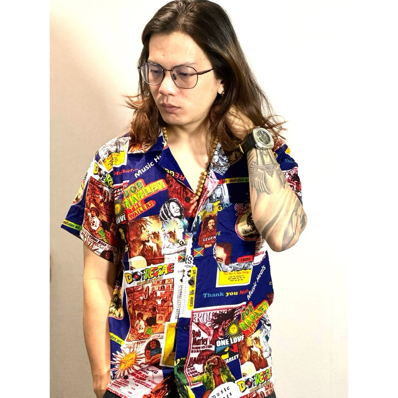 FIDERX  NRKY kemeja pria raggae bob marley lengan pendek full print bahan adem V neck Baju Kerah Ata