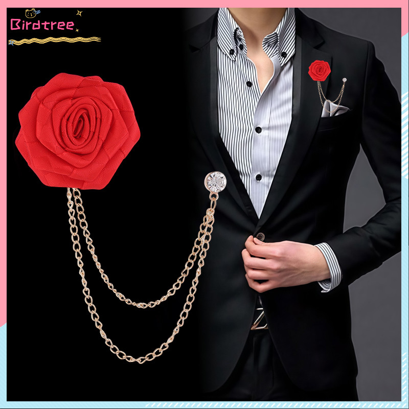 COD Bros Bunga Mawar Aksesori Kain Elegan dengan Rumbai Rantai untuk Jas Pria