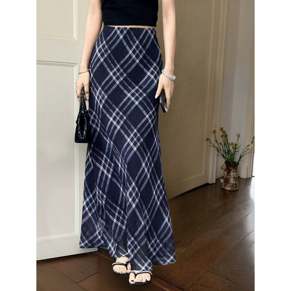 Rok kotak-kotak bertekstur kain kasa ringan berwarna biru artistik vintage untuk wanita rok model ek