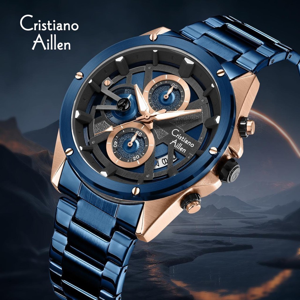 Buy 1 Get 1  Cristiano Aillen Jam Tangan Pria Analog 8895 Rantai Stainless Steel Chronograph Kaca Sa