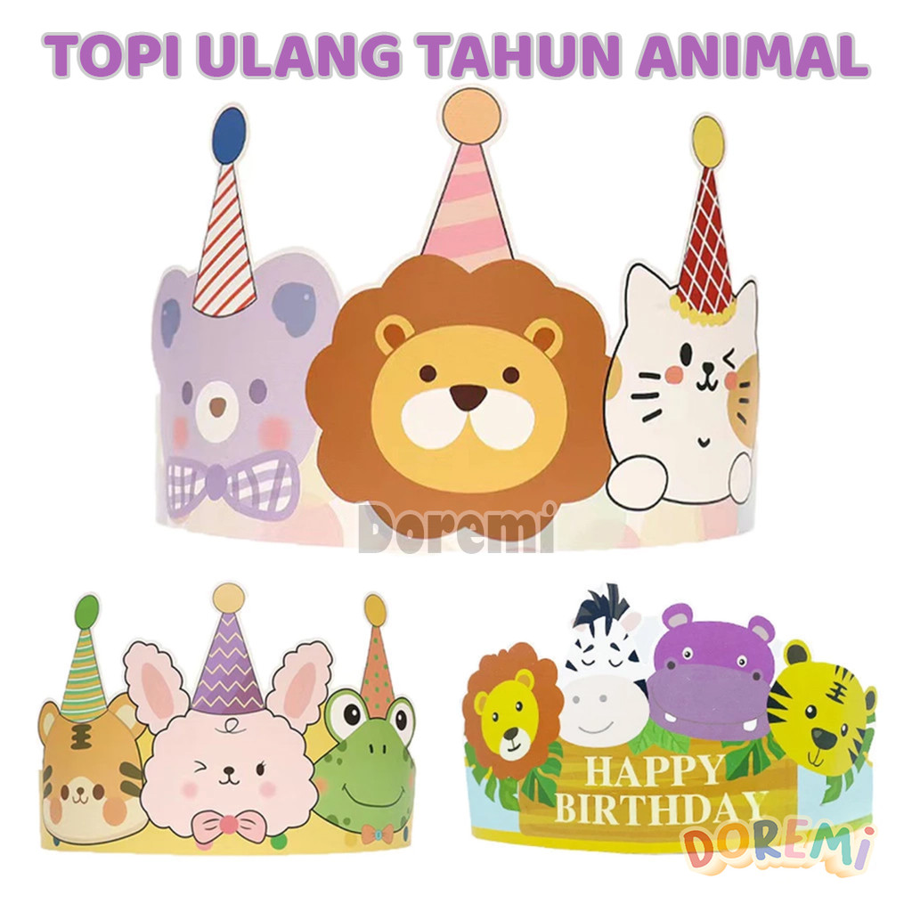 DOREMI Topi Ulang Tahun Animal Pesta Anak Dekorasi Birthday Party Kertas Karton Hewan Binatang
