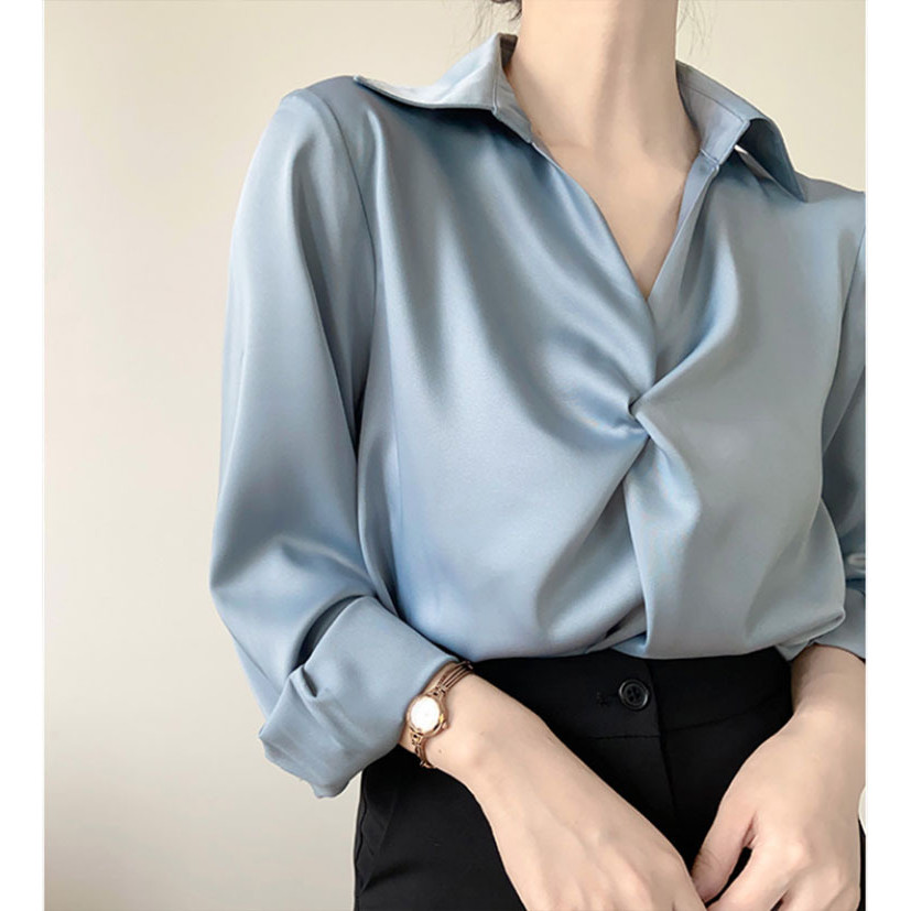 Kemeja satin biru wanita berkualitas tinggi Atasan model kemeja