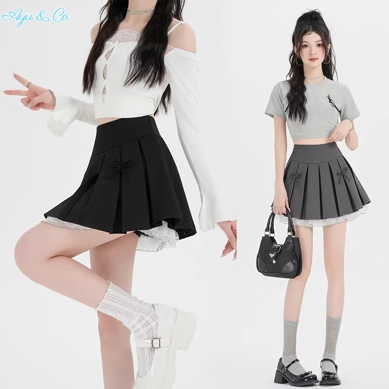 Rok Lipit Model A-line Pinggang Tinggi Ala Korea Dengan Pita Rok Pendek Renda Serbaguna