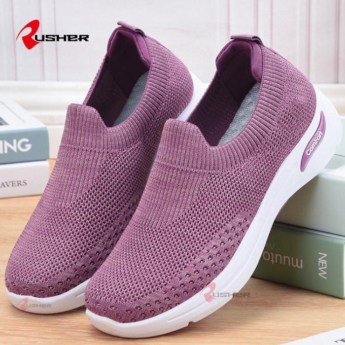 (Maison Femme) Slip On Sneakers Rajut Tanpa Tali ZenBlossom Rusher Comfort - ComfortS1-Ungu, 36