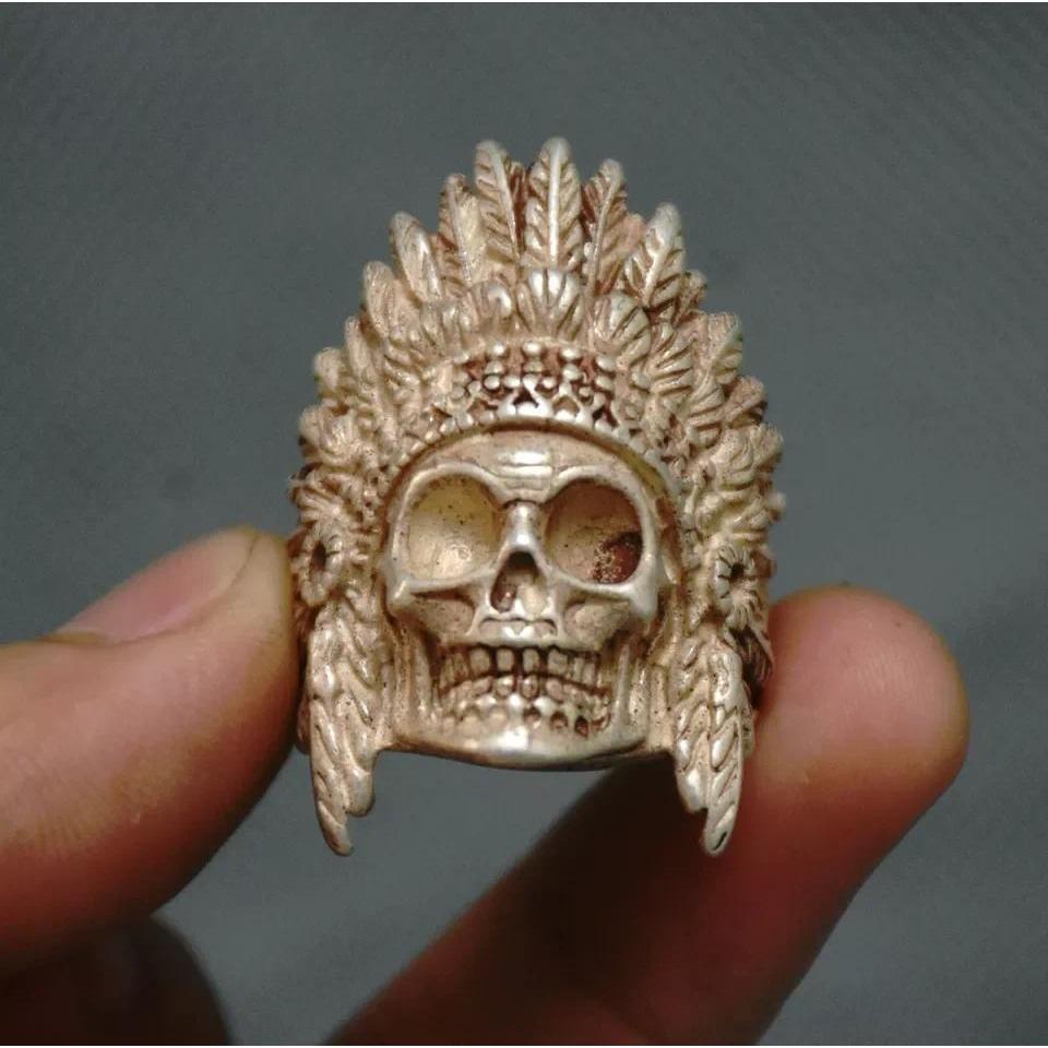 3.5cm Old Chinese Silver human skeleton King Skull Head  Hand Ring