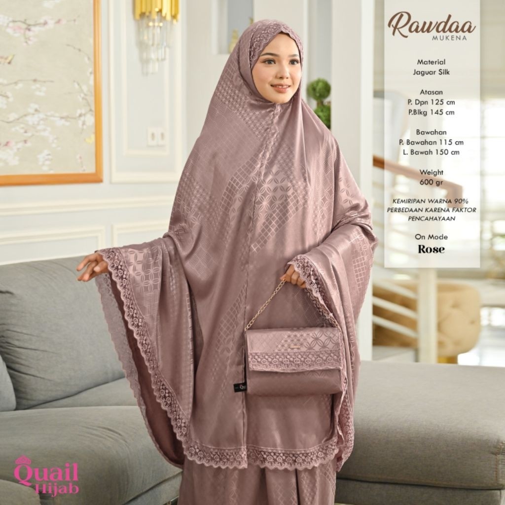Mukena Rawdaa Original Quail Hijab Mukena Resleting dagu bahan Jaguar Silk