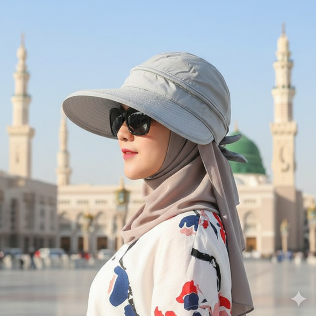 DVY - Topi Lebar Putih Topi Umrah Topi Zipper Wanita Haji Umroh 2 in 1