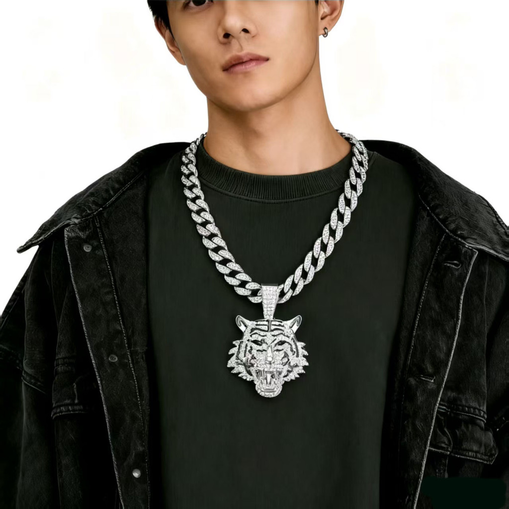 Paduan tiga dimensi penuh berlian harimau liontin Kuba kalung pria hip-hop keren niche harimau perhi