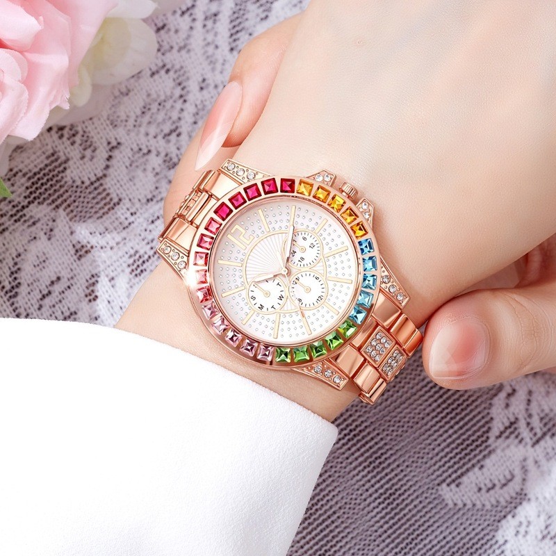 Jam Tangan Wanita Dial Besar Berlian Warna Tiga Mata Gaya Eropa Amerika Elegan