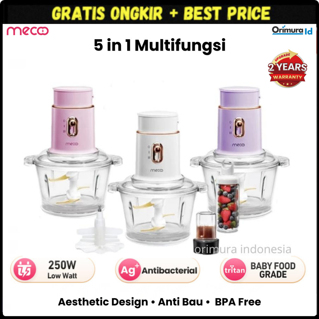 Mecoo Aesthetic Blender 5 in 1 Chopper Daging Blender Bumbu Baby Food Processor BPA Free Anti Bau