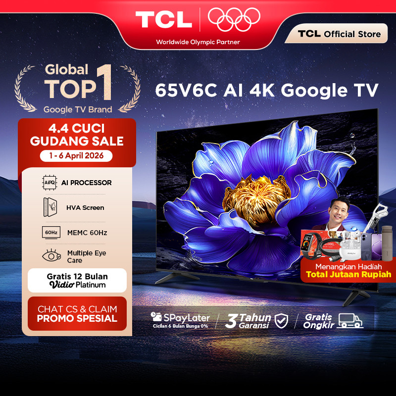TCL AI 4K Google TV 65 inch V6C - MEMC - HDR 10 - HVA Panel - Dolby Audio - Google Play/Netflix/Yout