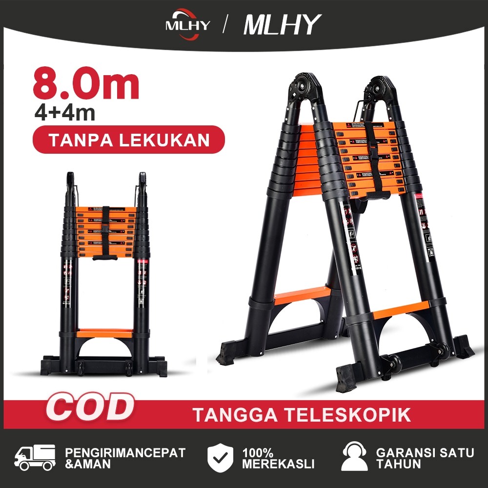 Tangga Lipat Teleskopik Double 3,4 meter MLHY Tangga Teleskopik Tanpa Lekukan Ukuran (4+4)8m - Alumi