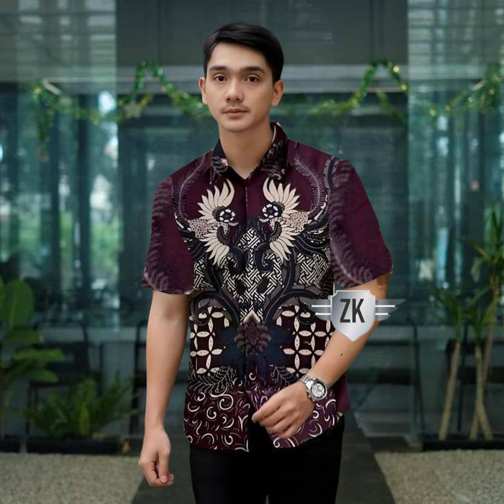 Kemeja Hem Baju Batik Pria Lengan Pendek motif Murai Maron Katun