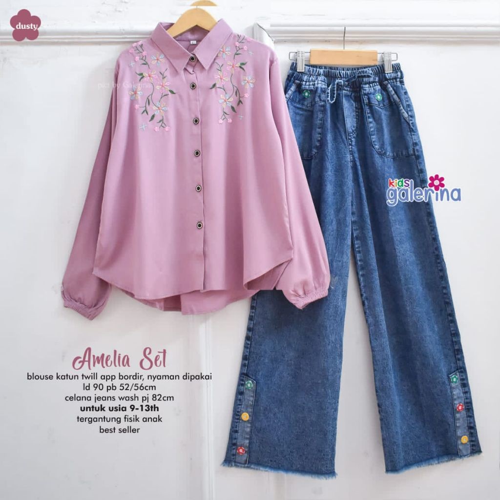1101  Amelia Setelan celana kulot jeans dan kemeja muslim anak perempuan by Galerina kids  // ONESTU