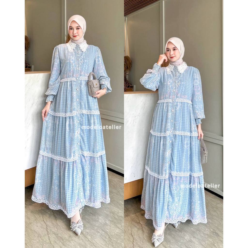 [COD] Felora Vintage Dress/ Raya Maxy Dress Wanita / Gamis Ceruty Kerah Korea Full Puring Mix Renda 