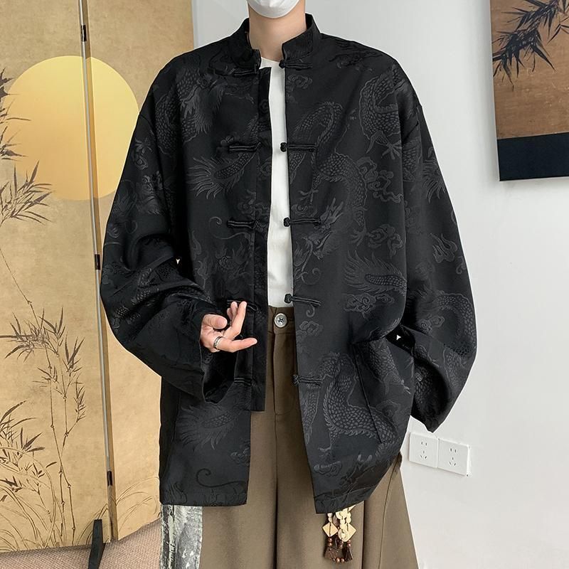 Setelan kemeja dengan kancing motif naga, jaket lengan panjang pria dari sutra