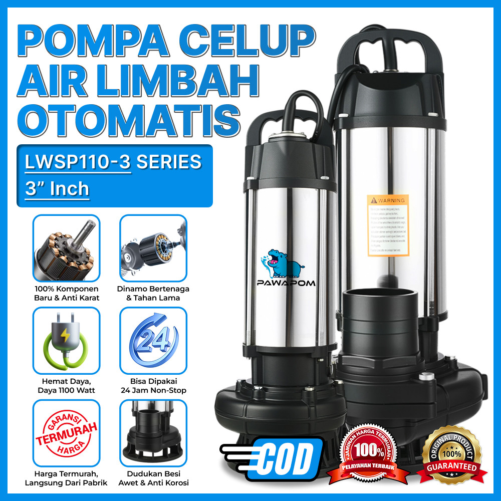 Pompa Celup PAWAPOM 1100W 3 Inch – Kuat & Tahan Lama | Pompa Air Kotor Stainless Steel untuk Banjir 