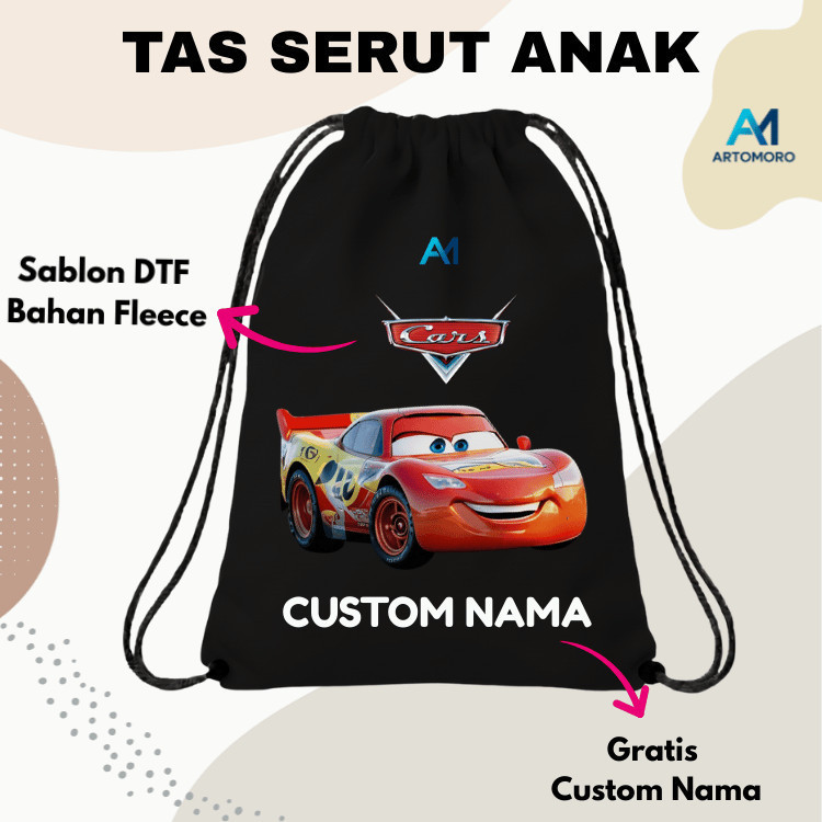 Tas Serut Custom Nama Anak Motif CARS Laki custom nama anak Free Custom Nama